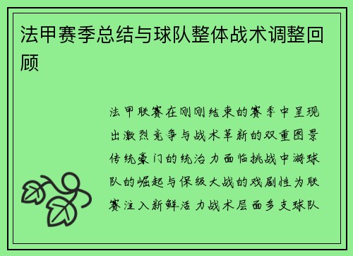法甲赛季总结与球队整体战术调整回顾