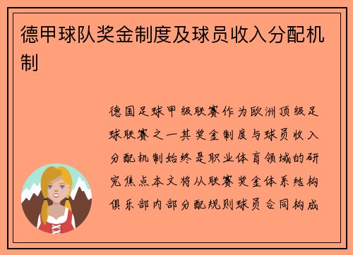 德甲球队奖金制度及球员收入分配机制